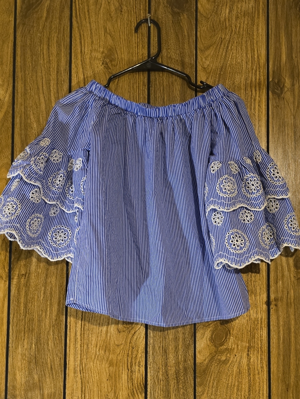 Rebellion Blue and White Striped Off-Shoulder Blouse with Lace-Tier Sleeves